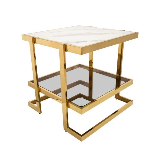METAL/MARBLE GLASS SIDE TABLE, GOLD/WHITE KD SET OF 2