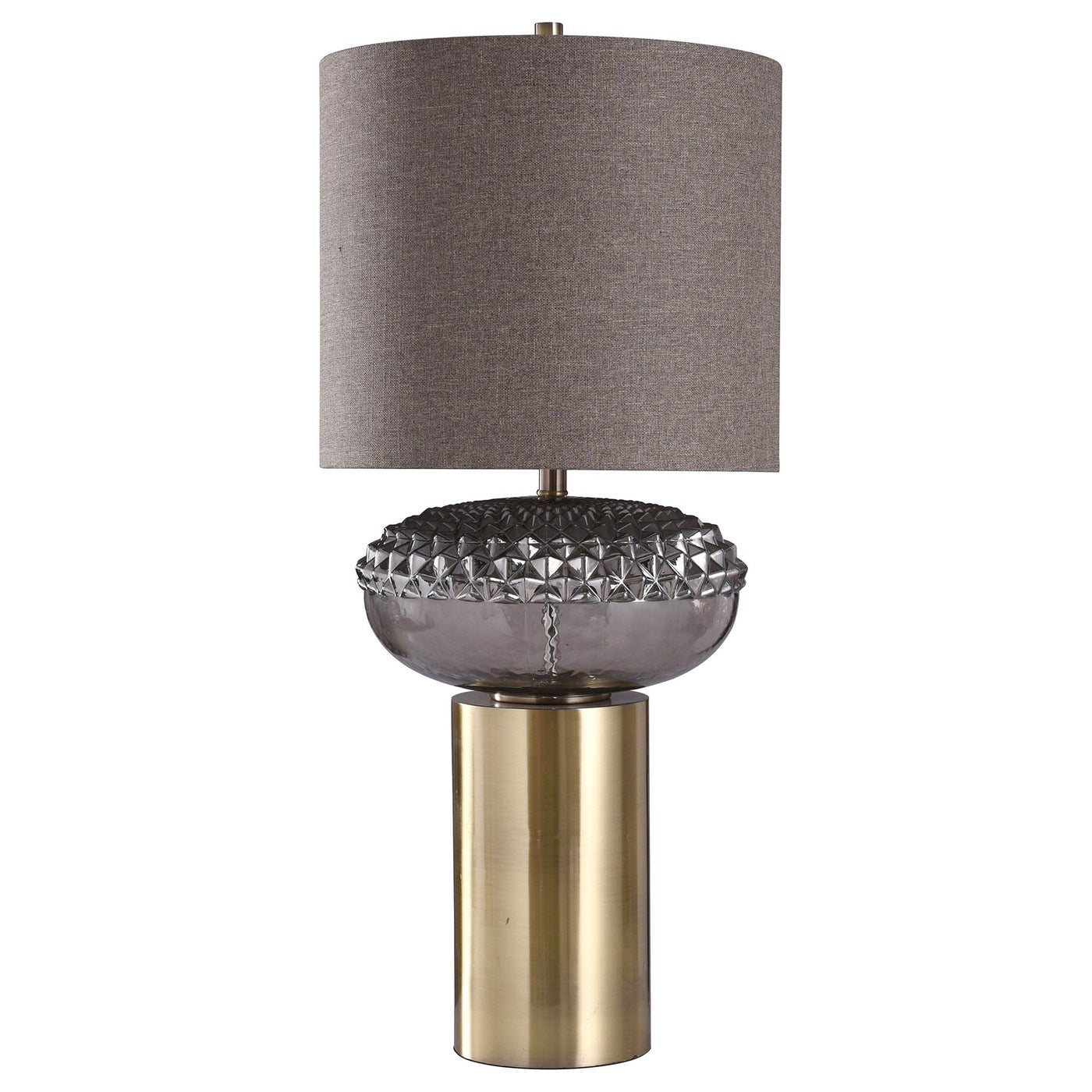 GRAY FINISH ON GLASS BODY W/ BRASS FINISH ON METAL TABLE LAMP
