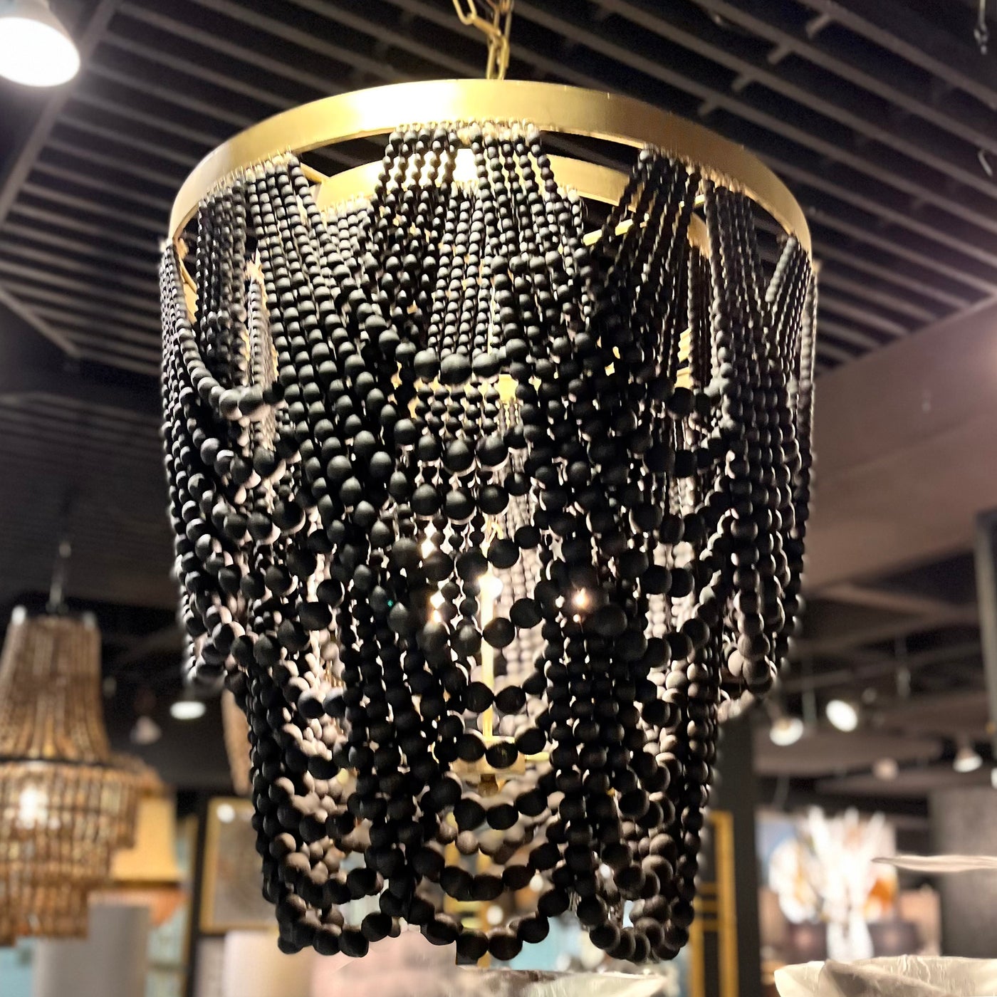 PEMBROKE CHANDELIER | Black Wood Beads w/Brass Finished Metal