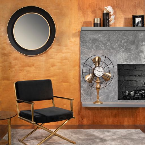 METAL 35 ROUND MIRROR W/ GOLDRIM, BLACK
