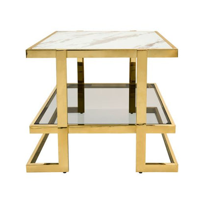 METAL/MARBLE GLASS CONSOLE, GOLD/WHITE KD