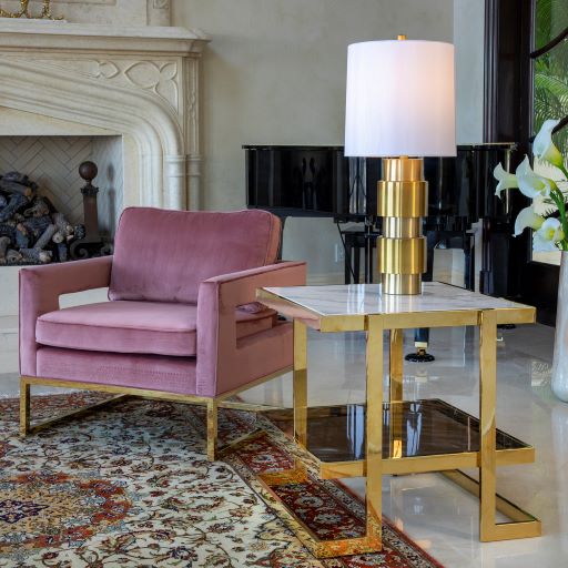 METAL/MARBLE GLASS SIDE TABLE, GOLD/WHITE KD SET OF 2