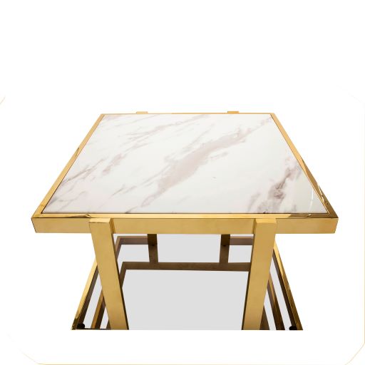 METAL/MARBLE GLASS SIDE TABLE, GOLD/WHITE KD SET OF 2