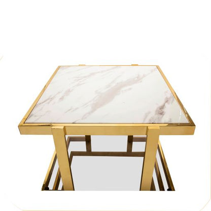 METAL/MARBLE GLASS SIDE TABLE, GOLD/WHITE KD SET OF 2