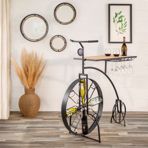 METAL & WOOD BIKE WINE RACK, BLACK
