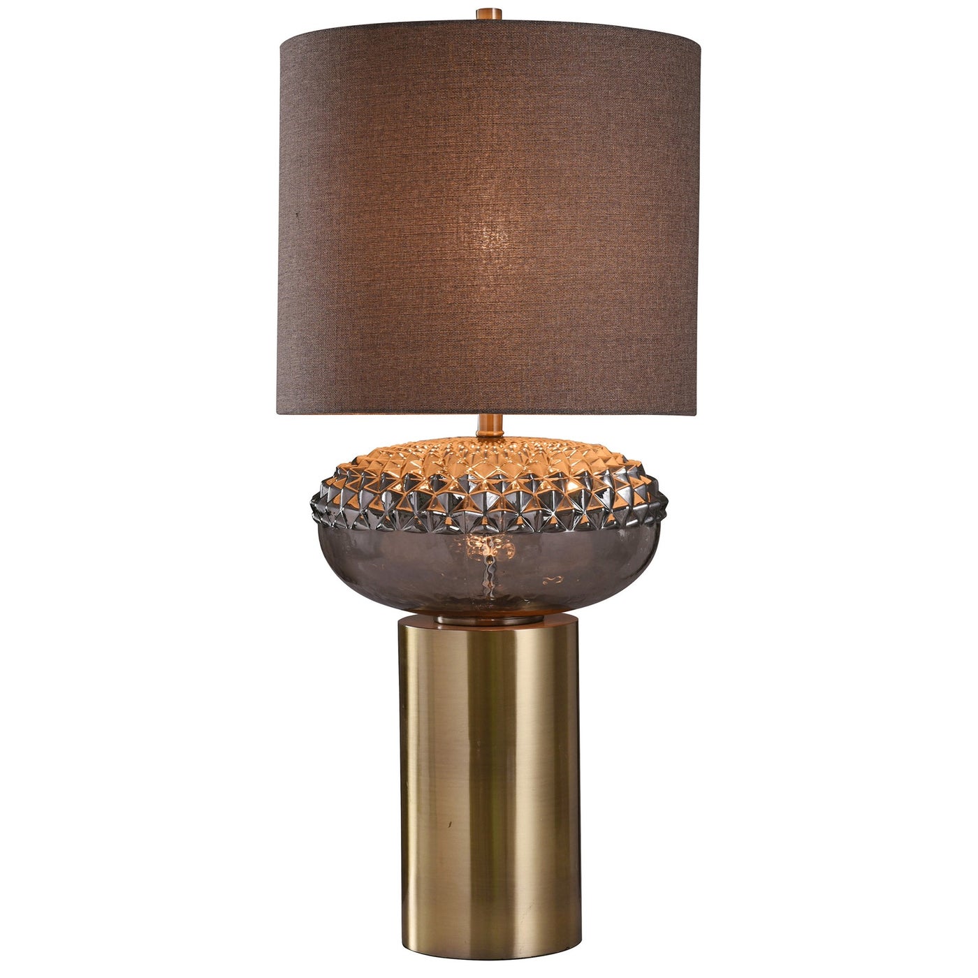 GRAY FINISH ON GLASS BODY W/ BRASS FINISH ON METAL TABLE LAMP