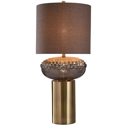 GRAY FINISH ON GLASS BODY W/ BRASS FINISH ON METAL TABLE LAMP