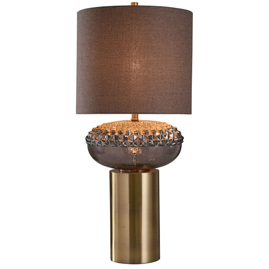 GRAY FINISH ON GLASS BODY W/ BRASS FINISH ON METAL TABLE LAMP