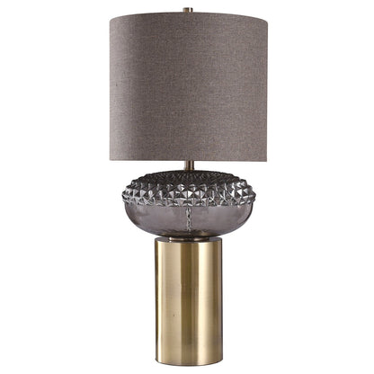 GRAY FINISH ON GLASS BODY W/ BRASS FINISH ON METAL TABLE LAMP